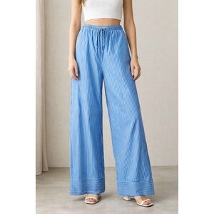NWT Avantlook High Waist Blue Striped Wide Leg Drawstring Pants